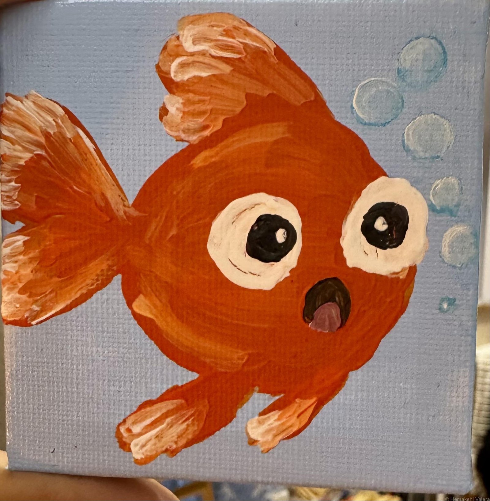Oh My Goldie! – original surprised orange goldfish acrylic mini painting with bubbles by Hemakshi Valera