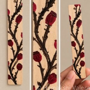 Thorns and Roses natural wood bookmark painted with burgundy rosebuds and dark thorny branches