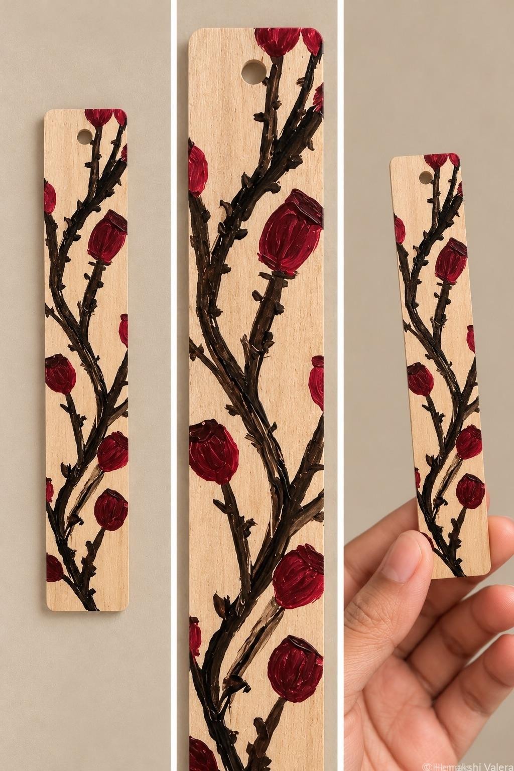 Thorns and Roses natural wood bookmark painted with burgundy rosebuds and dark thorny branches