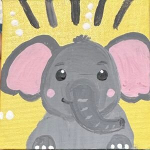 Trunk or Treat Tommy – grey baby elephant with pink ears original acrylic mini painting by Hemakshi Valera