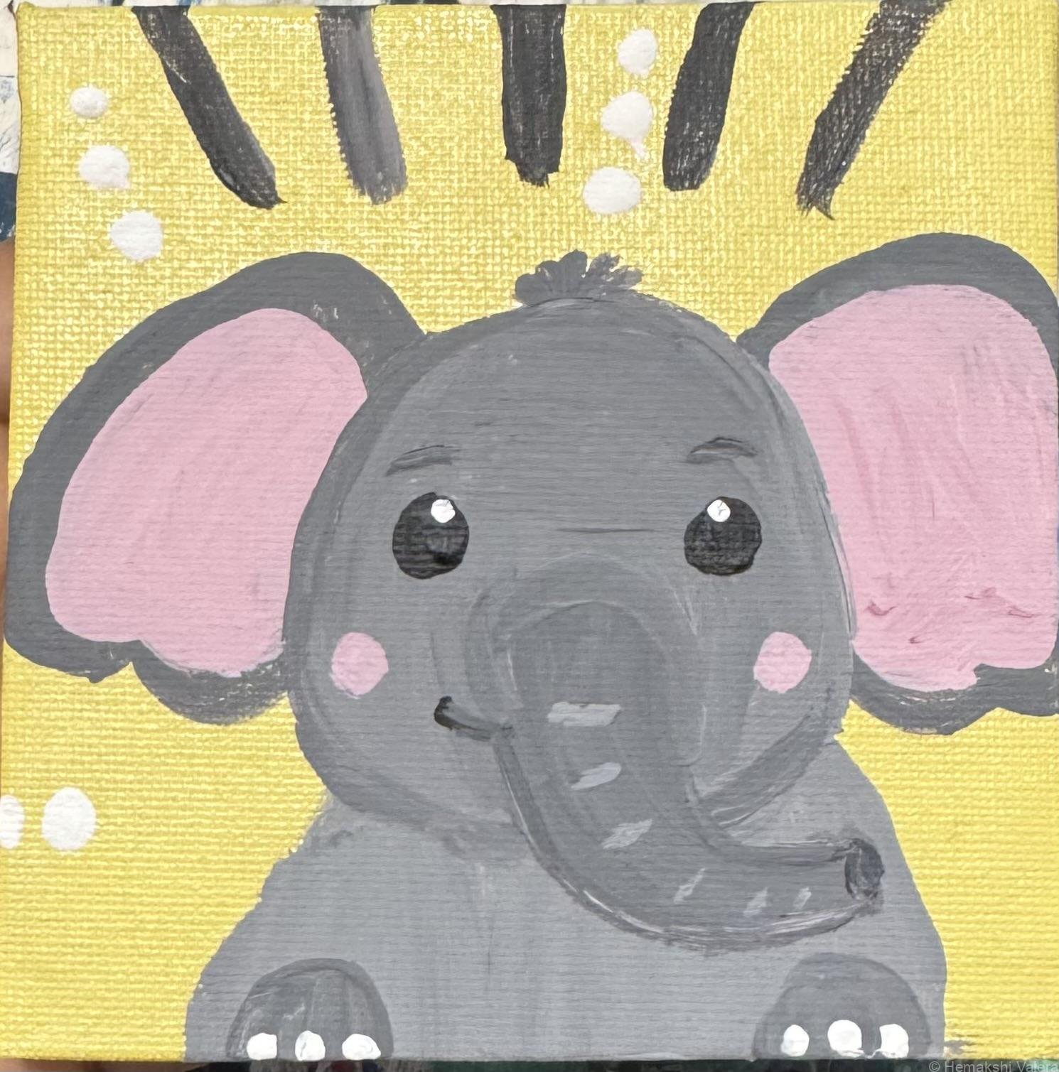 Trunk or Treat Tommy – grey baby elephant with pink ears original acrylic mini painting by Hemakshi Valera